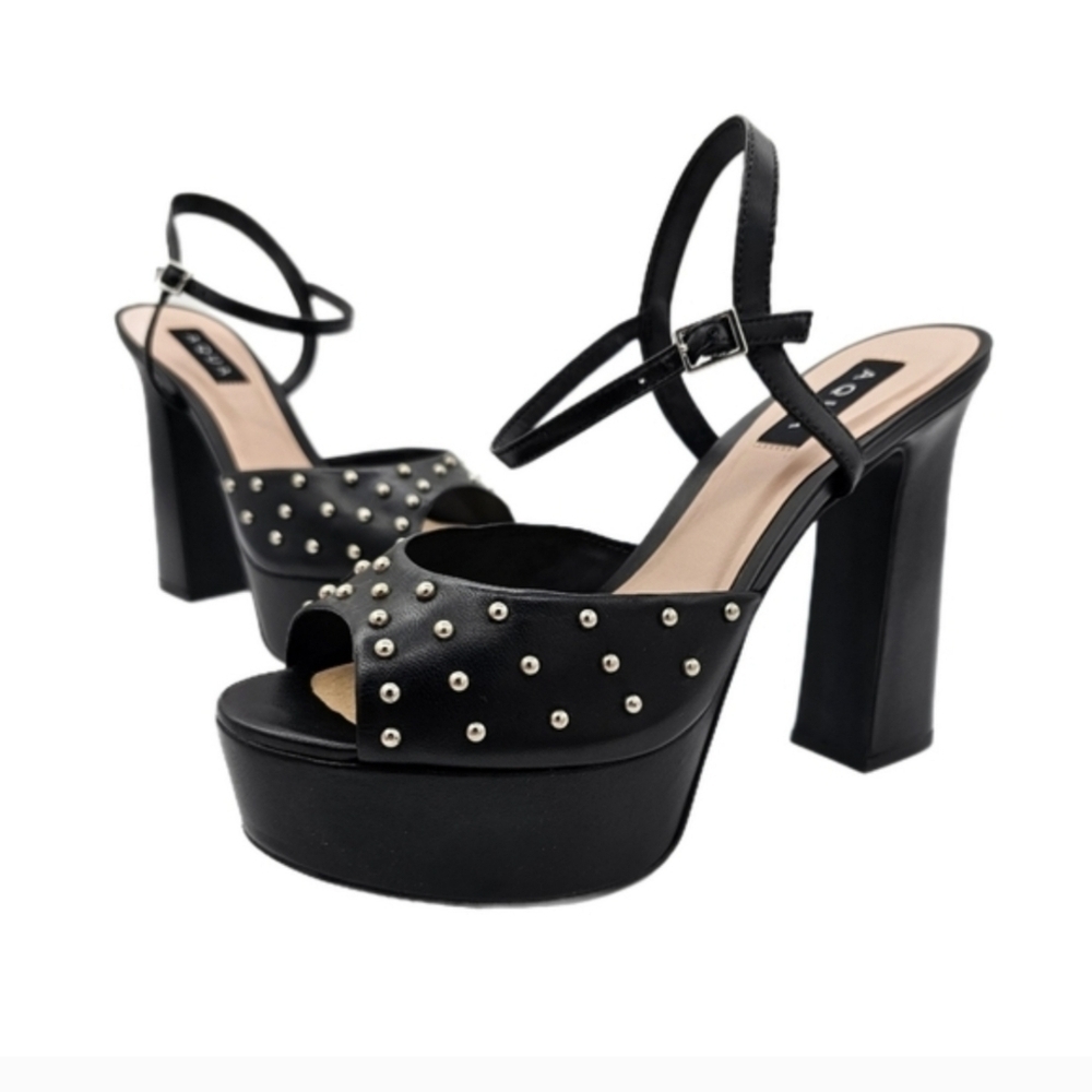 Aqua Cullen Black Studded Platform Sandals Peep Toe Block Heel US 10 AnkleStraps